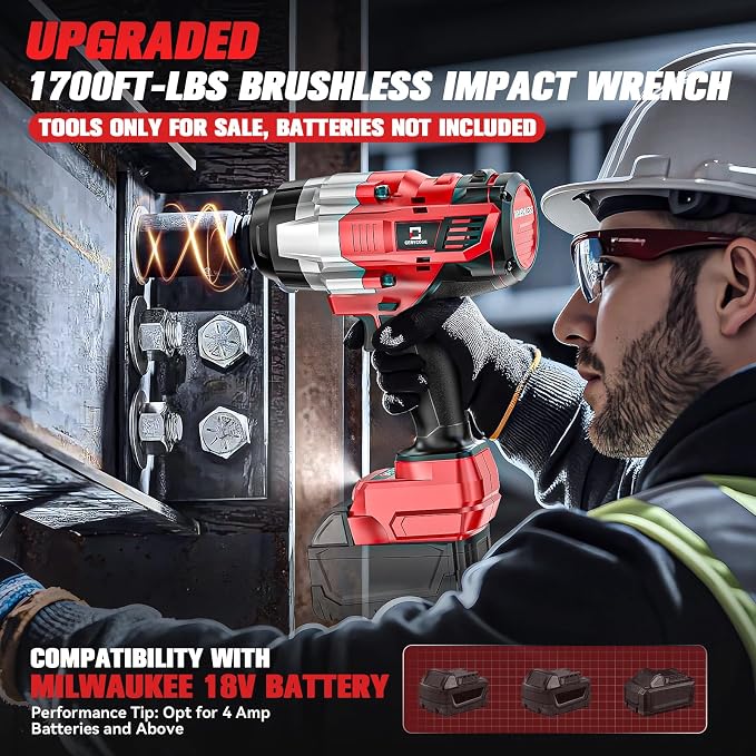 Cordless Impact Wrench 1/2 inch Compatible with Milwaukee 18V Battery: 1700FT-LBS High Torque Impact Wrench Heavy Duty Tool - Brushless Electric Impact Gun Includes LED Work Light - Bare Tool Only