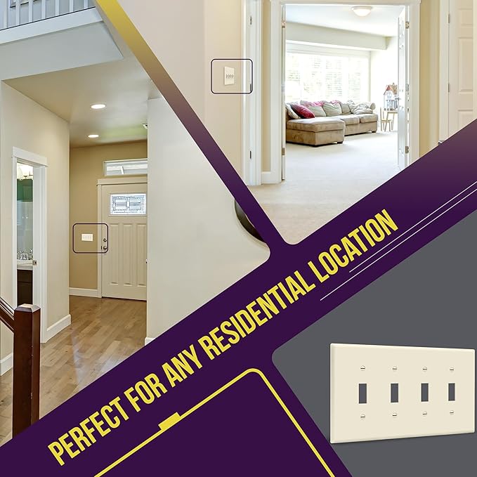 ENERLITES Quad Light Switch Wall Plate, Toggle Switch Plate, Gloss Finish, 4-Gang Mid-Size 4.88" x 8.58", Unbreakable Polycarbonate Thermoplastic, 8814M-LA, Light Almond