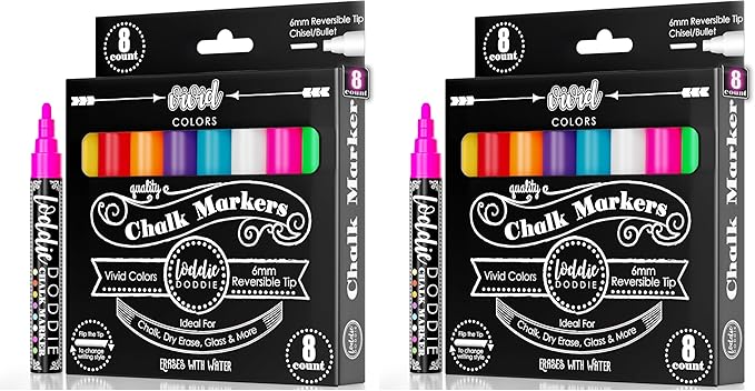 Loddie Doddie Liquid Chalk Markers - 16-Pack, 6mm Dual Tips - Chalk Markers for Blackboard & Chalkboard Paint - Washable Window Pens for Glass - Erasable Pens