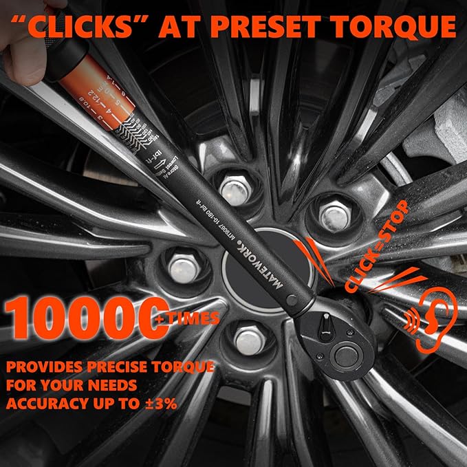 Matework 1/2 Inch Drive Click Torque Wrench, 10-180 ft.lb/13.6-244.1 Nm, ±3% High Precision Lug Nut Torque Wrench with 72 Tooth Dual-Direction for Moto, Wheel Tire and Car Repair