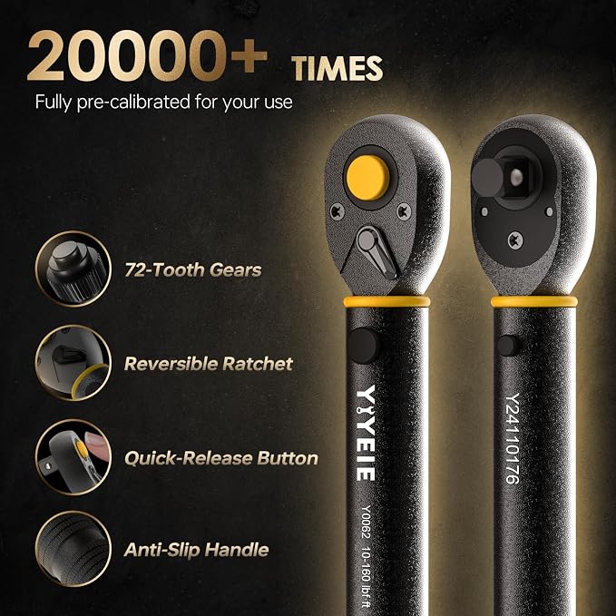 1/2-Inch Drive Torque Wrench with Upgraded Lock Ring, ±3% High Precision Click, 10-160 FT.LB (10-227 Nm), 2-Way 72-Tooth for Easier Adjustments, Ideal for Moto, Lug Nuts, Tires, Wheels, and Car Repair