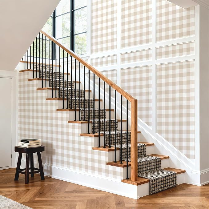 Plaid Wallpaper Peel and Stick, Beige, 17.7"x393" | Self Adhesive, Vinyl, Removable, Boho Contact Paper, Checkered Wall Paper for Bedroom, Living Room, Bathroom