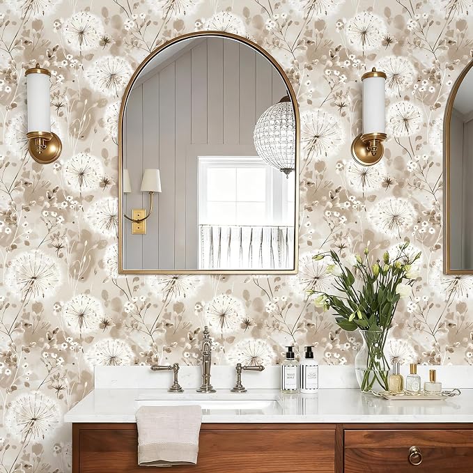 Nukofal Floral Peel and Stick Wallpaper Dandelion Wallpaper Floral Contact Paper 16.9"x196.8" Vintage Brown Wall Paper Peel and Stick Boho Self Adhesive Removable for Cabinet Bedroom Decor Vinyl