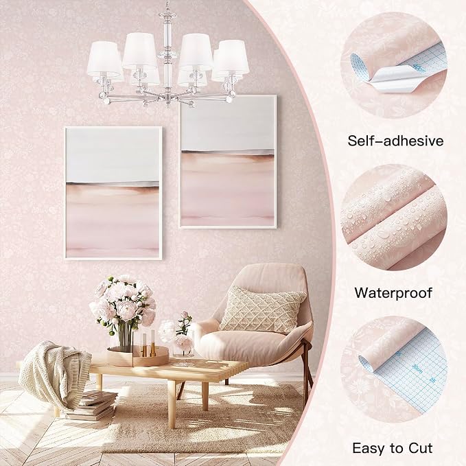 Guvana Pink and White Peel and Stick Wallpaper Floral Wallpaper Slef Adhesive Removable Waterproof Contact Paper Boho Wall Paper for Living Room Bedroom Stair Kitchen Bathroom 17.3''x197''