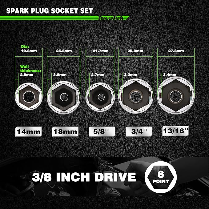 TecoTek 11-Piece Spark Plug Socket Set with 3/8" Drive Ratchet Handle, Spark Plug Gapper, Universal Joint and Extension Bar, 5/8", 3/4", 13/16", 14mm, 18mm, CR-V Sockets with Rubber Retaining Rings
