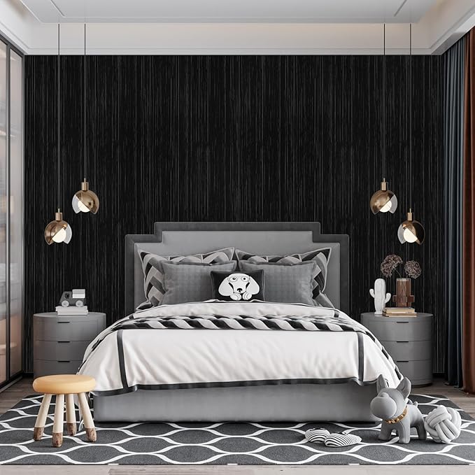 Black Grasscloth Peel and Stick Wallpaper Vintage Texture Removable Waterproof Wallpaper for Room Walls, Cabinets, Furniture, Drawers, Desk A Set of 15.7"x480"