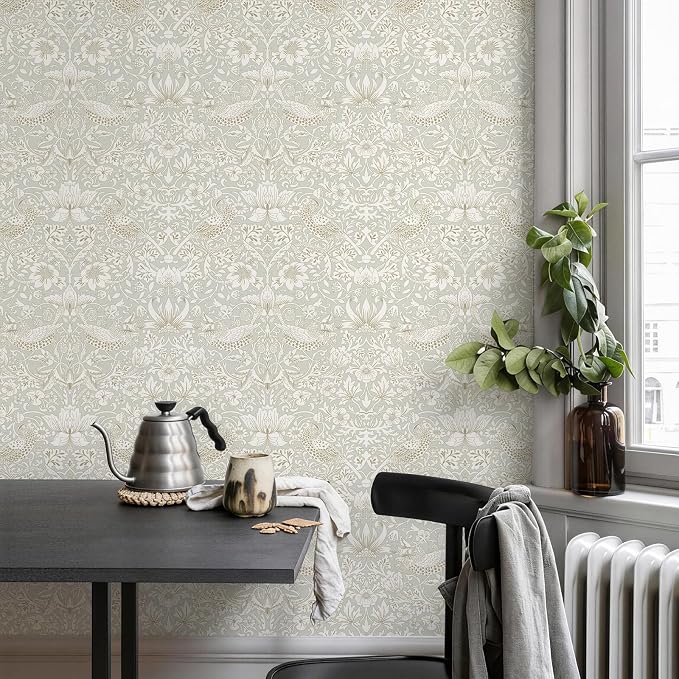 HueBurst William Morris Vintage Peel and Stick Wallpaper 17.7 x 1200in Grey Botanical Self Adhesive Removable Waterproof Contact Paper for Living Room Bedroom Cabinets Drawers Decor