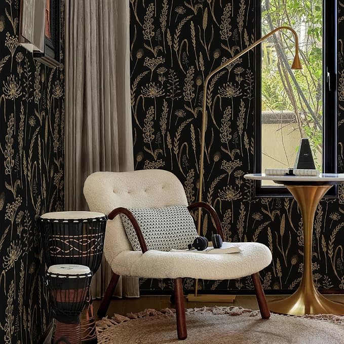JiffDiff Peel and Stick Wallpaper Black Farmhouse Vintage Contact Paper Wheat Meadow Removable Self Adhesive Wallpaper Black and Gold (14.2 sq.ft)