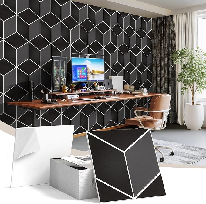 12Pack Acoustic Panels, Self-Adhesive Sound Proof Panels for Walls, Decorative 3D Textured Printing Sound Dampening Panels Sound Absorption Tiles for Studio, Office, Home, 12×12×0.4", Black