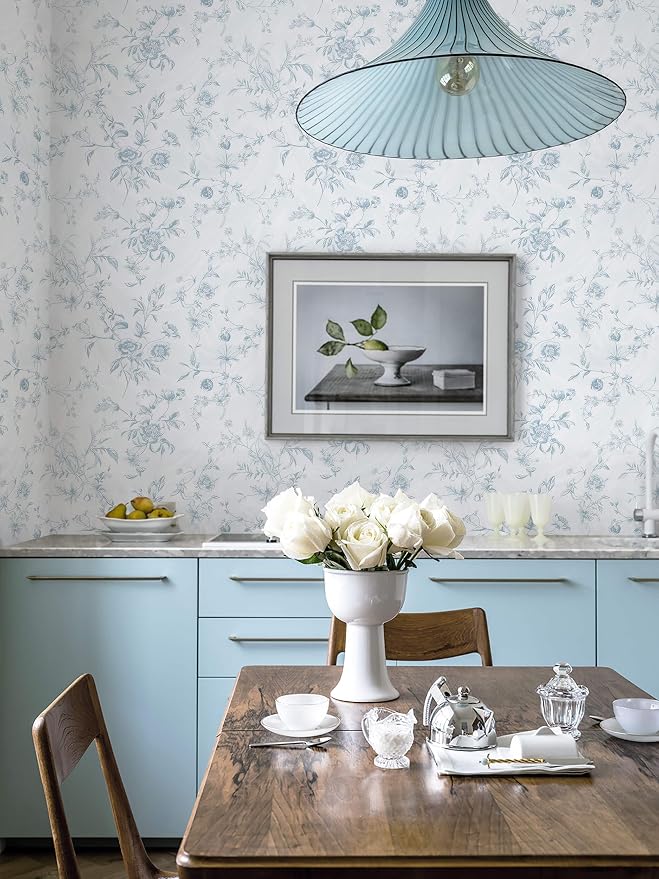 Ismoon Blue Wallpaper Peel and Stick Floral Vintage Stick on Wall Paper French Textured Contact Paper for Cabinet Removable Self Adhesive Wallpaper Vinyl Roll Shelf Deco, 17.3x393in