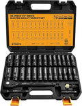 ELEAD 1/2" Drive Deep Impact Socket Set: 30-Piece Standard SAE (3/8 to 1 Inch) and Metric (10-24mm) Size, 3" and 5" Drive Extension Bar, Ratchet Handle, Bit Adapter, CR-V Steel for Auto Repair