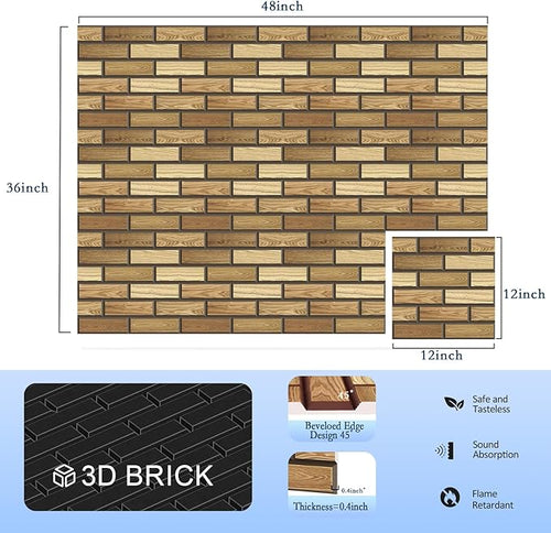 12Pack Acoustic Panels, 12"×12"×0.4" Self-Adhesive 3D Brick Pattern Sound Proof Panels for Walls, High Density Decorative Acoustic Foam for Recording Studios, Offices, Faux Wood Grain Print