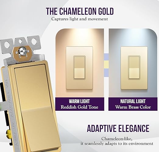 ENERLITES Elite Series Decorator Switch with Screwless Wall Plate, Paddle Light Switch, Single Pole, 3 Wire, Grounding Screw, Residential Grade, 15A 120V, UL Listed, 91150-GDWP2P, Gold Color (2 Pack)