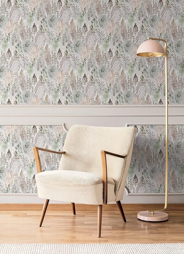 RoomMates RMK12331PLW Taupe Watercolor Tree Mosaic Peel and Stick Wallpaper, Beige/Grey
