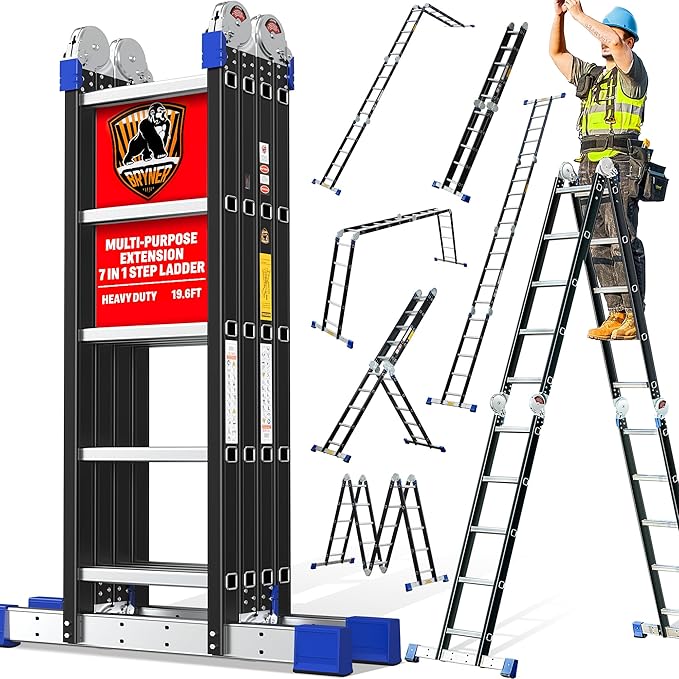 7 in 1 Ladder 19.7ft Multi-Purpose Extension Ladders, Folding Adjustable Aluminium Telescoping Step Folding Ladder 330lbs