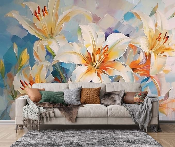 Jdayda Floral Wallpaper Handmade Oil Painting Watercolor Art Lily Flower | 170"x120" Not Self-Adhesive Wall Mural for Bedroom Living Room
