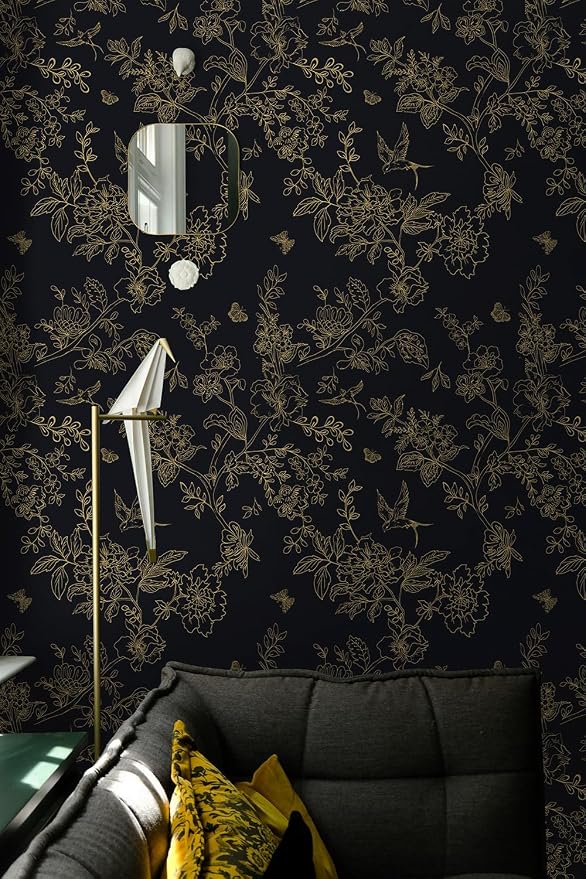 Froluya Black and Gold Wallpaper Peel and Stick Wallpaper 17.7"x393.7" Vintage Floral Boho Peel and Stick Wall Paper Dark Removable Self Adhesive Contact Paper for Bedroom Cabinets Shelf Liner Vinyl