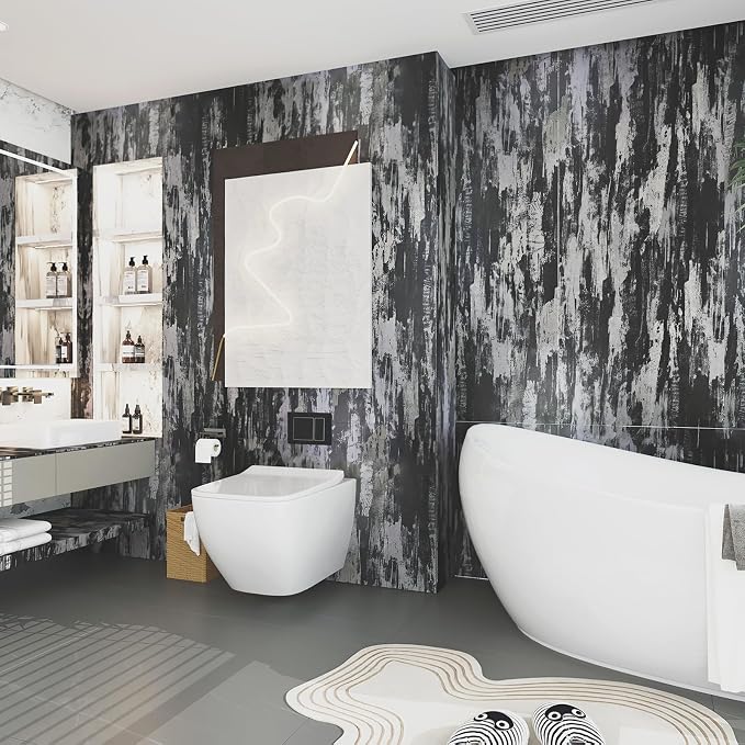 BOMENG Black Concrete Peel and Stick Industrial Wallpaper 15.7"x118" Cement Contact Paper with Air Guide Slot Design Glossy Industrial Wall Paper for Bathroom,Living Room, bar, Hotel, Coffee Shop