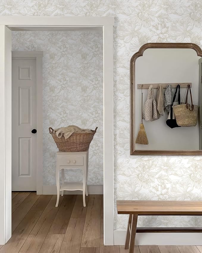Ismoon Large Floral Peel and Stick Wallpaper Boho Beige Contact Paper 17.3inx6.5ft Neutral Wall Paper Removable Self Adhesive Wallpaper Bedroom Cabinet Bathroom Waterproof Mural Wall Decor Vinyl Roll