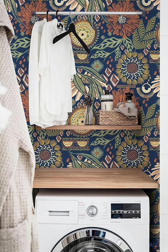 HAOKHOME Peel and Stick Wallpaper Boho Retro Floral Wall Paper Navy Orange Oliva for Bedroom Kitchen Accent Wall 17.3in x 9.8ft