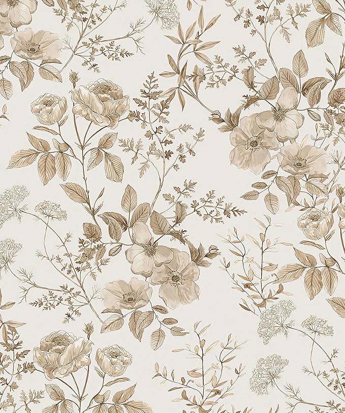 Erfoni 16.9" x118" Boho Floral Peel and Stick Wallpaper Beige Flower and Leaf Contact Paper Self Adhesive Removable Wallpaper Boho Botanical Wall Paper for Bedroom Cabinets Decor Vinyl Roll Waterproof