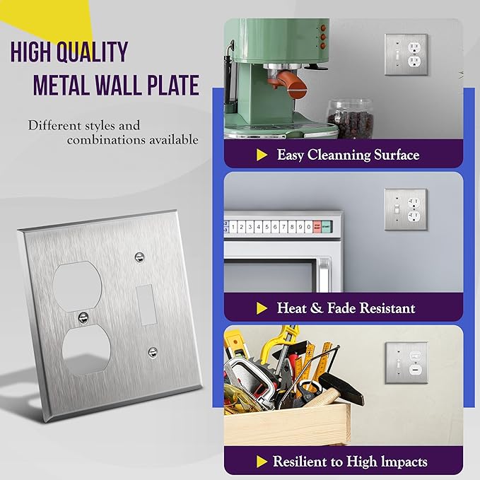 ENERLITES Combination Toggle Light Switch or Duplex Receptacle Outlet Metal Wall Plate, Corrosive Resistant, Size 2-Gang 4.50" x 4.57", 771121, 430 Stainless Steel, UL Listed, Silver, Standard