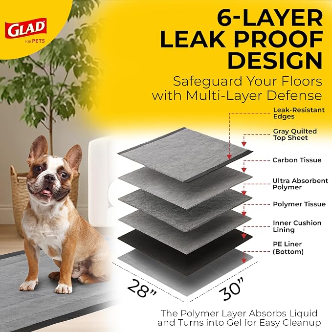 Glad for Pets Activated Carbon Dog Training Pads - Absorbent Large Disposable Dog Pee Pads for Dogs, XL Potty Pads for Dogs, Charcoal Puppy Pads with Adhesive Tabs, Jumbo Dog Pads, 28" x 30", 50 Count