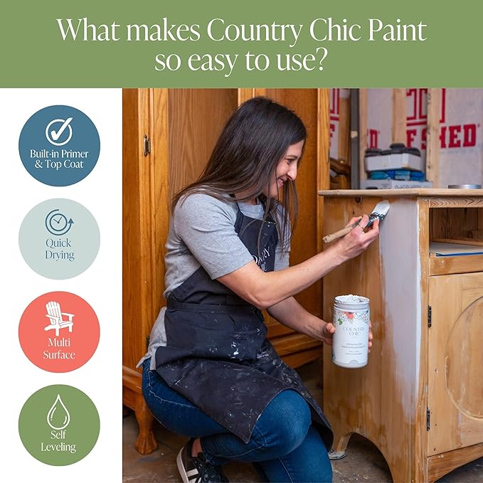 Country Chic All-in-One Chalk Paint for Furniture, Cabinets, Home Decor, Eco-Friendly, Matte Finish, Built-In Primer & Top Coat for Wood, Metal - Crinoline (Off White) - Pint 16 oz (475 ml)