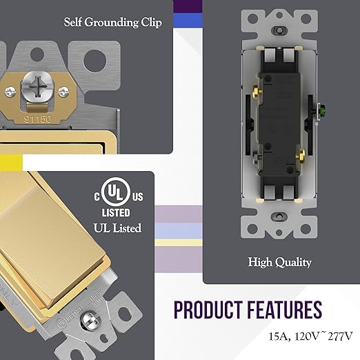 ENERLITES Elite Series Decorator Rocker Light Switch, 15A 120V/277V, Single Pole, Grounding Screw, Residential Grade, UL Listed, Wall Plates Included, 91150-GDWP-10PCS, Gold (10 Pack)
