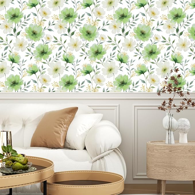 ILHIIOR White Floral Peel and Stick Wallpaper Boho Leaf Contact Paper Green Flower Removable Self Adhesive Waterproof Wall Paper for Cabinet Drawers Wall Decor Renter Friendly 17.5''x118''