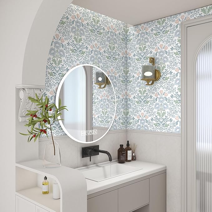 PeonyQueen Floral Peel and Stick Wallpaper 17.3"x197" Boho Contact Paper | Self Adhesive Removable Wall Paper for Bathroom Bedroom Blue and White Wildflower Wallpapers for Walls Home Decorate Vinyl