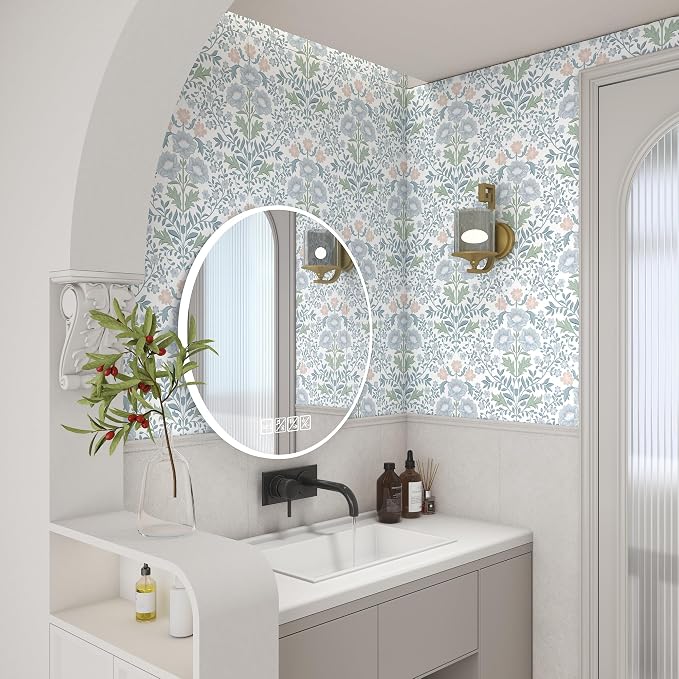 PeonyQueen Floral Peel and Stick Wallpaper 17.3"x393" Boho Contact Paper | Self Adhesive Removable Wall Paper for Bathroom Bedroom Blue and White Wildflower Wallpapers for Walls Home Decorate Vinyl