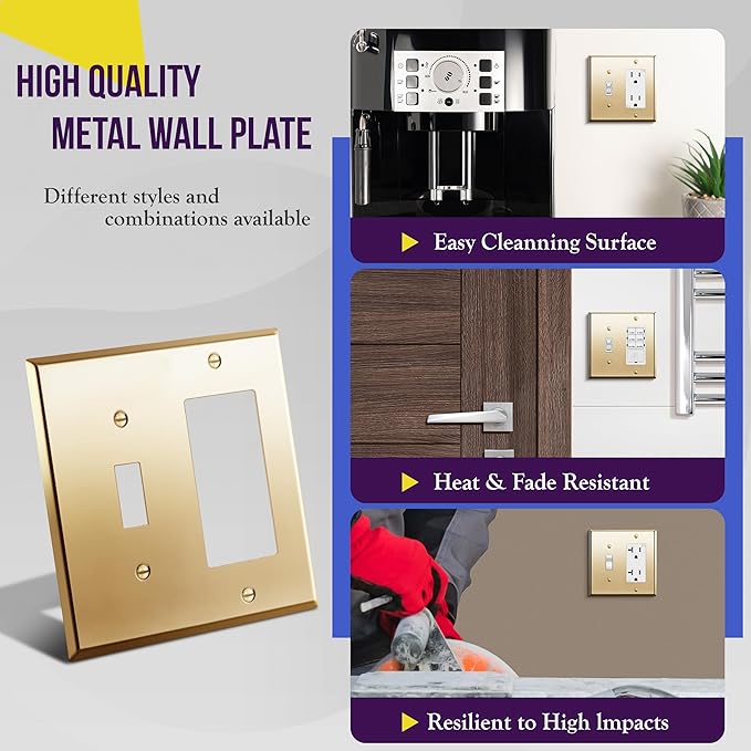ENERLITES Combination Toggle and Decorator Switch Metal Wall Plate, Stainless Steel 201, Corrosion Resistant, Size 2-Gang 4.50" x 4.57", 771131-PB, Polished Brass, Gold