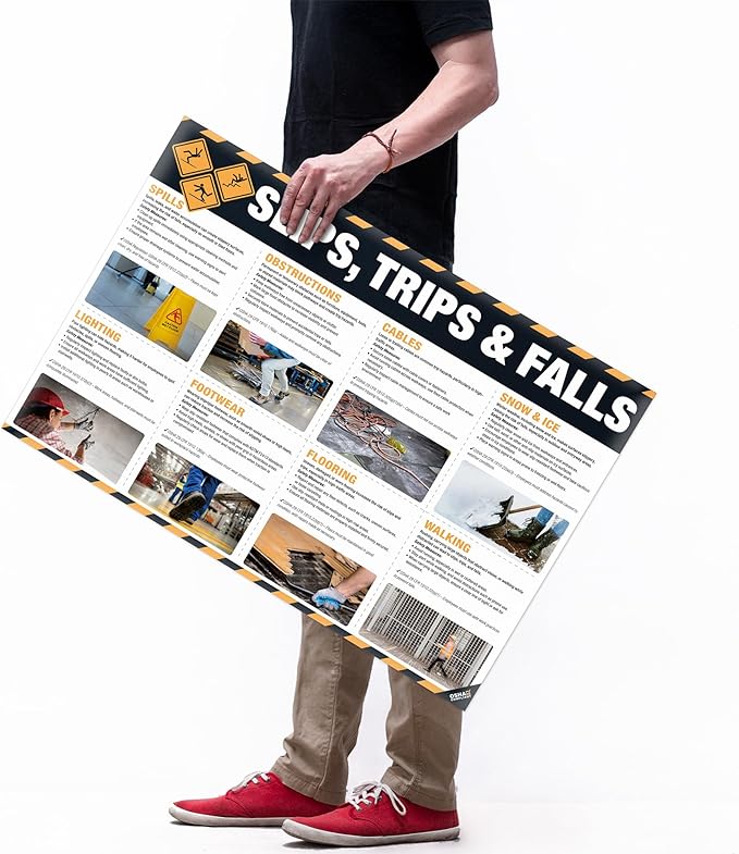 Slips, Trips and Falls Safety Poster – Workplace Fall Prevention Sign, OSHA-Compliant Visual Guide for Spills, Cables, Obstructions, 18x24" Waterproof & Tearproof Wall Chart