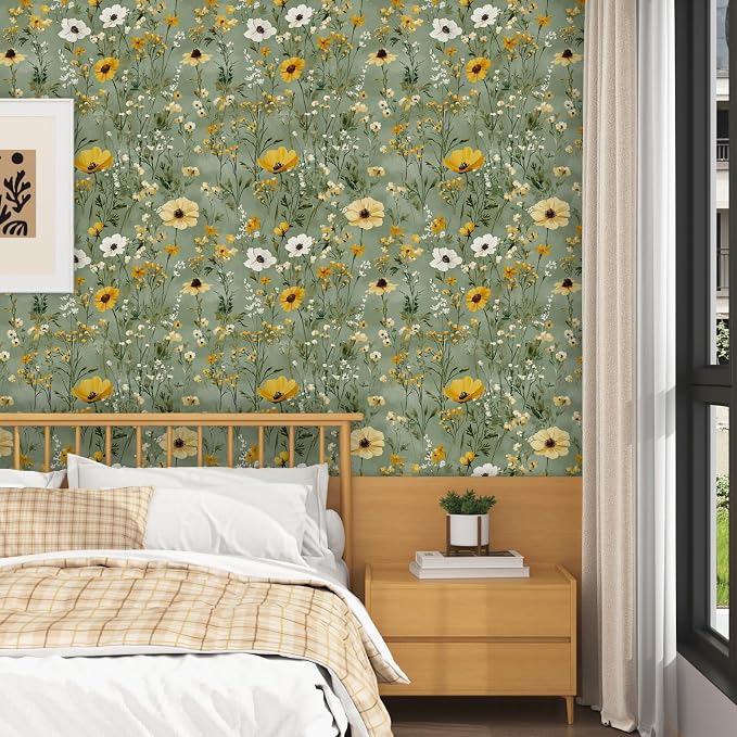 Vintage Green Yellow Daisy Floral Botanical Wallpaper 17.5"x393" | Self Adhesive/Removable/Waterproof/Thick Vinyl Contact Paper for Bathroom Bedroom Shelf Cabinet Drawer,Prepasted,Easy Peel