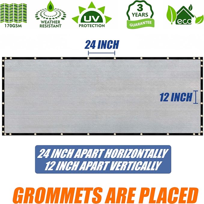 Amgo Custom Made 8' x 65' Grey Fence Privacy Screen Windscreen with Bindings & Grommets, Heavy Duty for Commercial and Residential, 90% Blockage, Cable Zip Ties Included (We Customize)