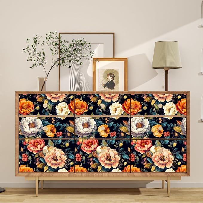 BOKEBEVE Floral Wallpaper Peel and Stick Boho Colorful Black 17.5 x 393.5In | Extra Long Removable Renter Friendly Vintage Floral Wall Paper for Bedroom Bathroom Cabinet Drawer Feature Accent Wall