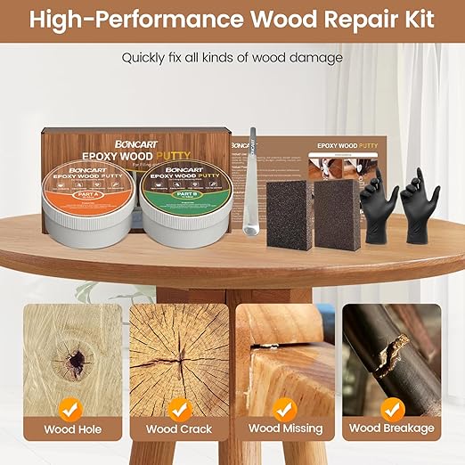 Boncart Epoxy Wood Putty, High Strength Filler Putty, Stainable 2-Part Epoxy Filler, 21.16 oz Structural Wood Repair Kit, Wooden Furniture Repair Kit for Damages (Dark Brown)