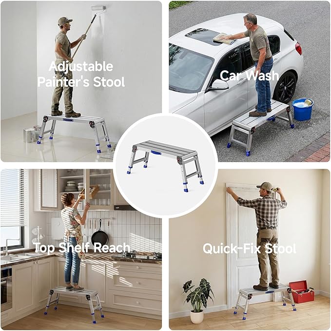 Loyoda Work Platform for Adults, Aluminum Foldable Long Step Stool Adjustable Height, Lightweight and Durable Portable Outdoor Aluminum Step Ladder, Maximum Load Capacity of 800 Pounds.