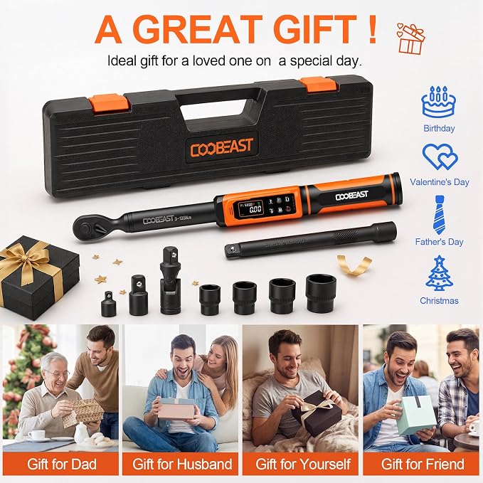Digital Torque Wrench 3/8 Drive,Preset Value(1.5-99.5Ft-lbs./2-135 Nm) | Buzzer and LED Alert,±2% High Accuracy,72-Tooth, Quick Release,Reversible,Large Screen,for Bike Motorcycle,Gift for Men,DIY