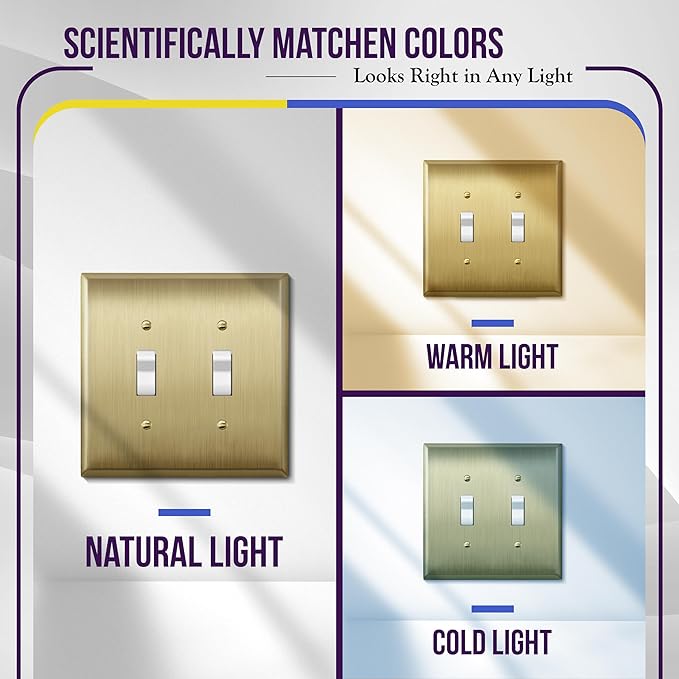 ENERLITES Toggle Light Switch Metal Wall Plate, Stainless Steel 201, Corrosion Resistant, Size 2-Gang 4.50" x 4.57", 7712-BB, Brushed Brass, Gold