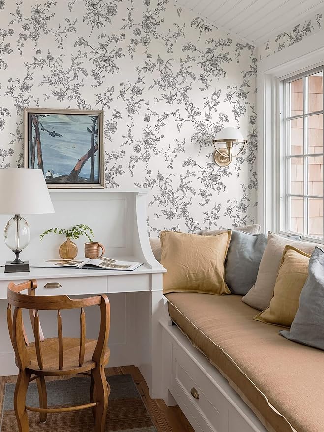 Ismoon Peel and Stick Wallpaper Floral Vintage Stick on Wall Paper Black and White Contact Paper for Cabinet French Textured Removable Self Adhesive Wallpaper Vinyl for Bedroom Wall Deco 17.3 x 78.7in