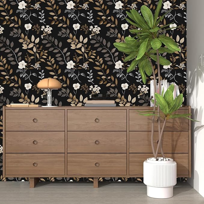 Floral Leaf Vintage Wallpaper Peel and Stick 17.5"x118", Black Gold | Self Adhesive/Removable/Waterproof/Thick Vinyl Contact Paper for Bathroom Bedroom Shelf Cabinet Drawer,Prepasted,Easy Peel