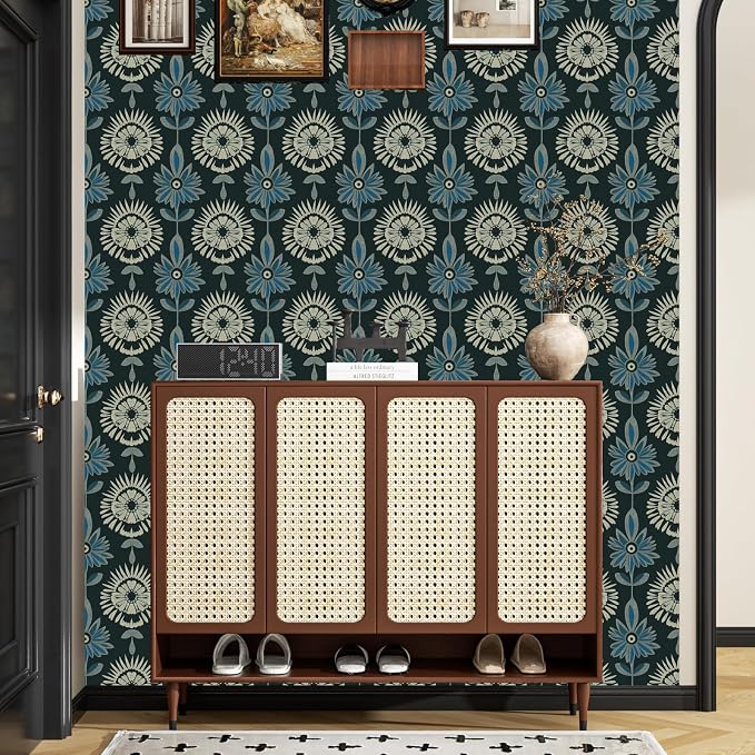 BOKEBEVE Extra Long Green Leaf Wallpaper Stick and Peel Boho 17.5 x 393.5In | Floral Contact Paper Vintage Wallpapers Symmetrical Style Modern Renter Friendly for Accent Wall Cabinet Removable