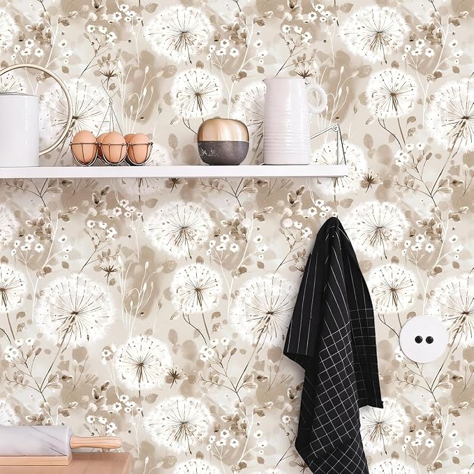 Nukofal Floral Peel and Stick Wallpaper Dandelion Wallpaper Floral Contact Paper 16.9"x393.7" Vintage Brown Wall Paper Peel and Stick Boho Self Adhesive Removable for Cabinet Bedroom Decor Vinyl