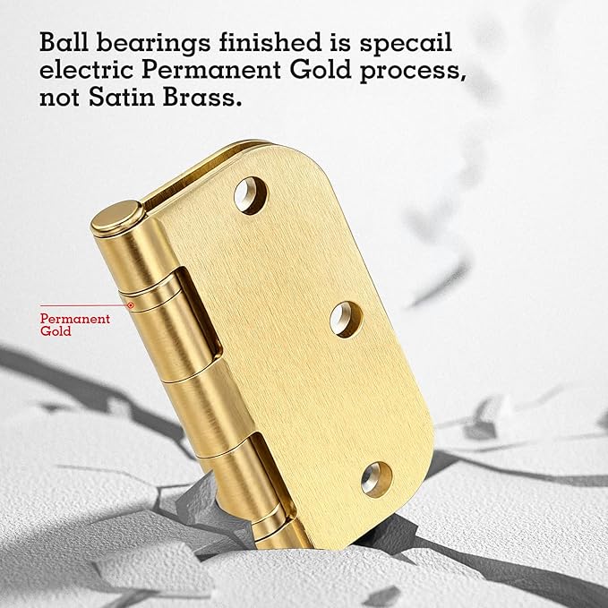 6 Pack Satin Brushed Brass Door Hinges 3-1/2" x 3.5 Inch 5/8"Radius Integral Ball Bearing Door Hinge No Squeak Enduring Mute Standard Hinges for Interior Doors Bed Room RV Home Decor House Essentials