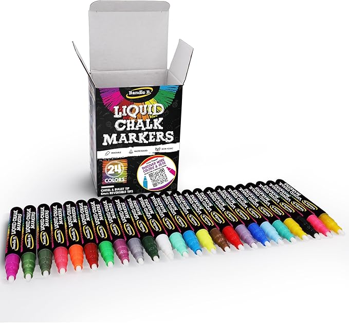 Bandle B. Chalk Markers - 24 Vibrant, Erasable, Non-Toxic, Water-Based, Reversible Tips. For Glass or Chalkboard Markers for Businesses, Restaurants, Liquid Drawing Chalk (Vibrant 6mm)