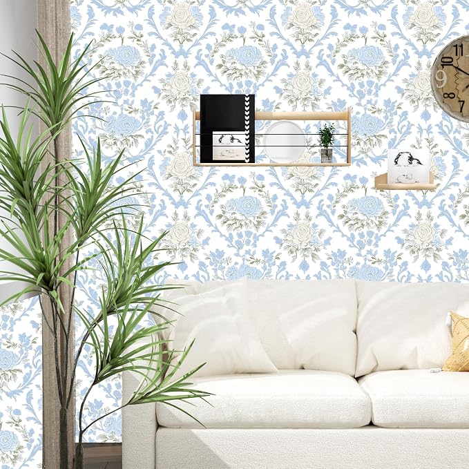 ILHIIOR White Floral Peel and Stick Wallpaper Boho Leaf Contact Paper Blue Flower Removable Self Adhesive Waterproof Wall Paper for Cabinet Drawers Wall Decor Renter Friendly 17.5''x118''