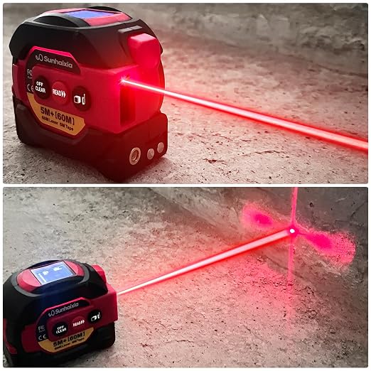 Laser Tape Measure 3 in 1 with Laser Level Crosshairs |196ft/60m Laser Distance+16ft/5m AutoLock Tape |Backlit LCD Display (Ft/Inch/M/mm) |for DIY,Construction, Interior Design (Red)