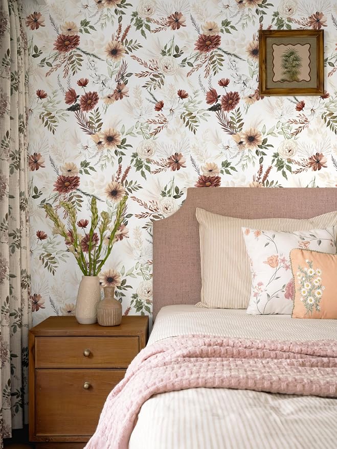 Dimoon 17.3''x393'' Floral Peel and Stick Wallpaper Vintage Beige Antique Contact Paper Bathroom Village Country Cottage Wallpaper Farmhouse Renter Friendly Geometry Waterproof Kitchen Bedroom Vinyl